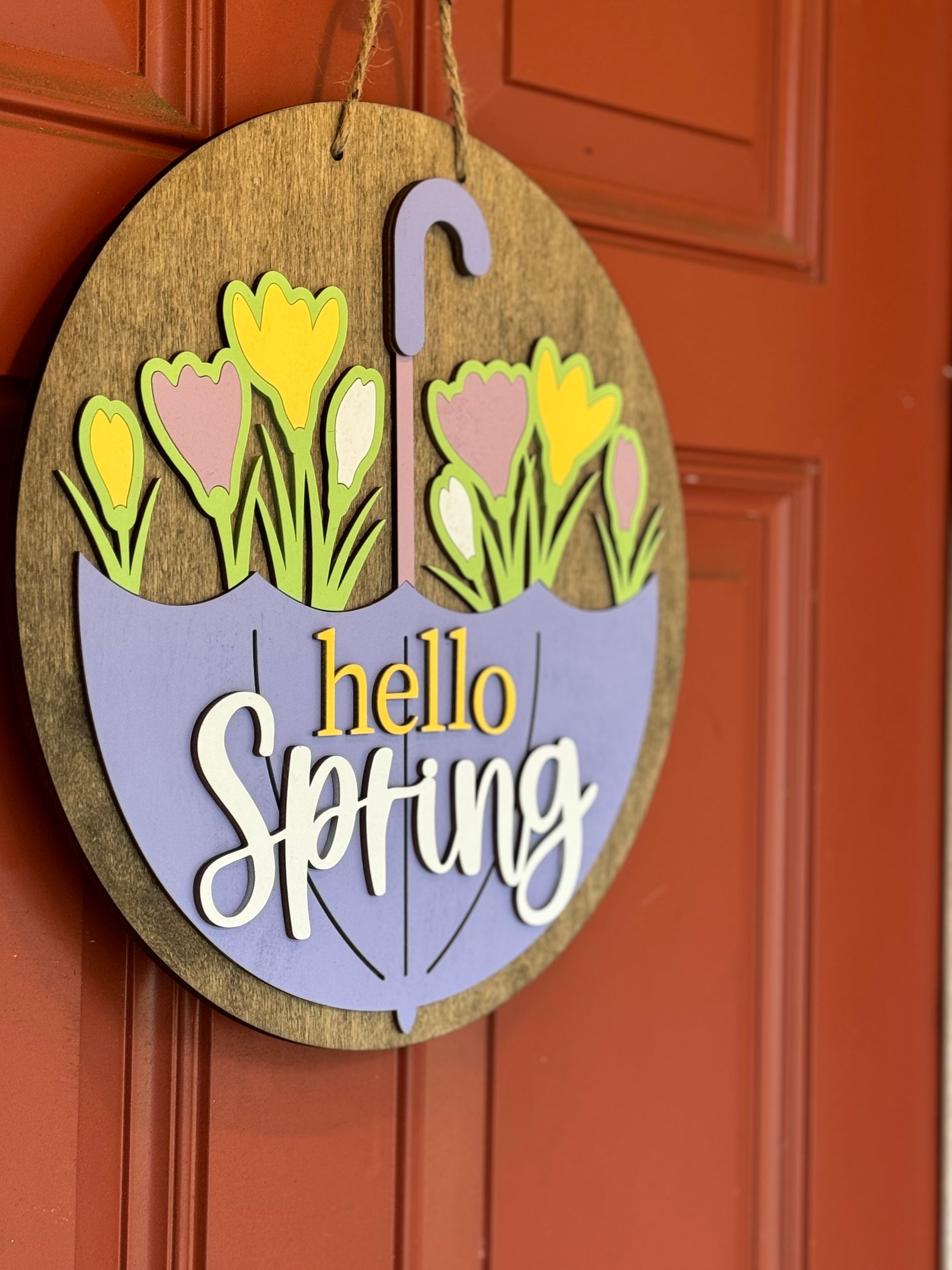 Hello Spring wood sign with tulips & an upside down umbrella