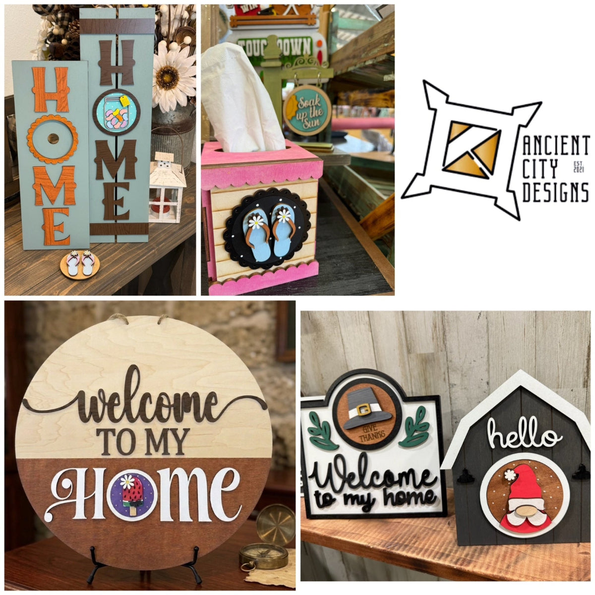 A collage of five rustic decorative signs and home decor items displayed in styled settings, including a vertical 'HOME' sign, a pink tissue box holder, a round wooden 'welcome to my home' sign, and two small house-shaped signs. They are all holders of our 3" round interchangeable signs.