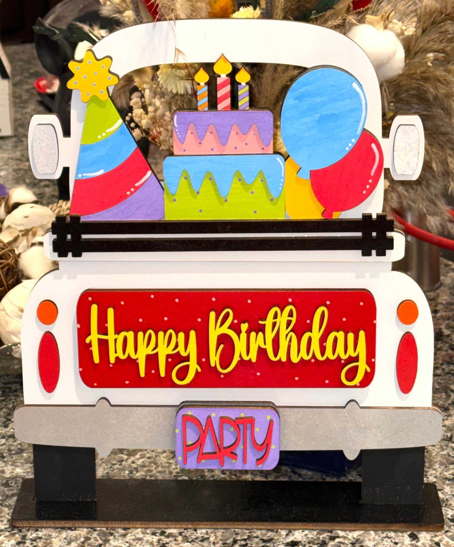 Decorative birthday with cake, balloons, and 'Happy Birthday' interchangeable insert for our Farmhouse Truck shelf sitter or hanging sign