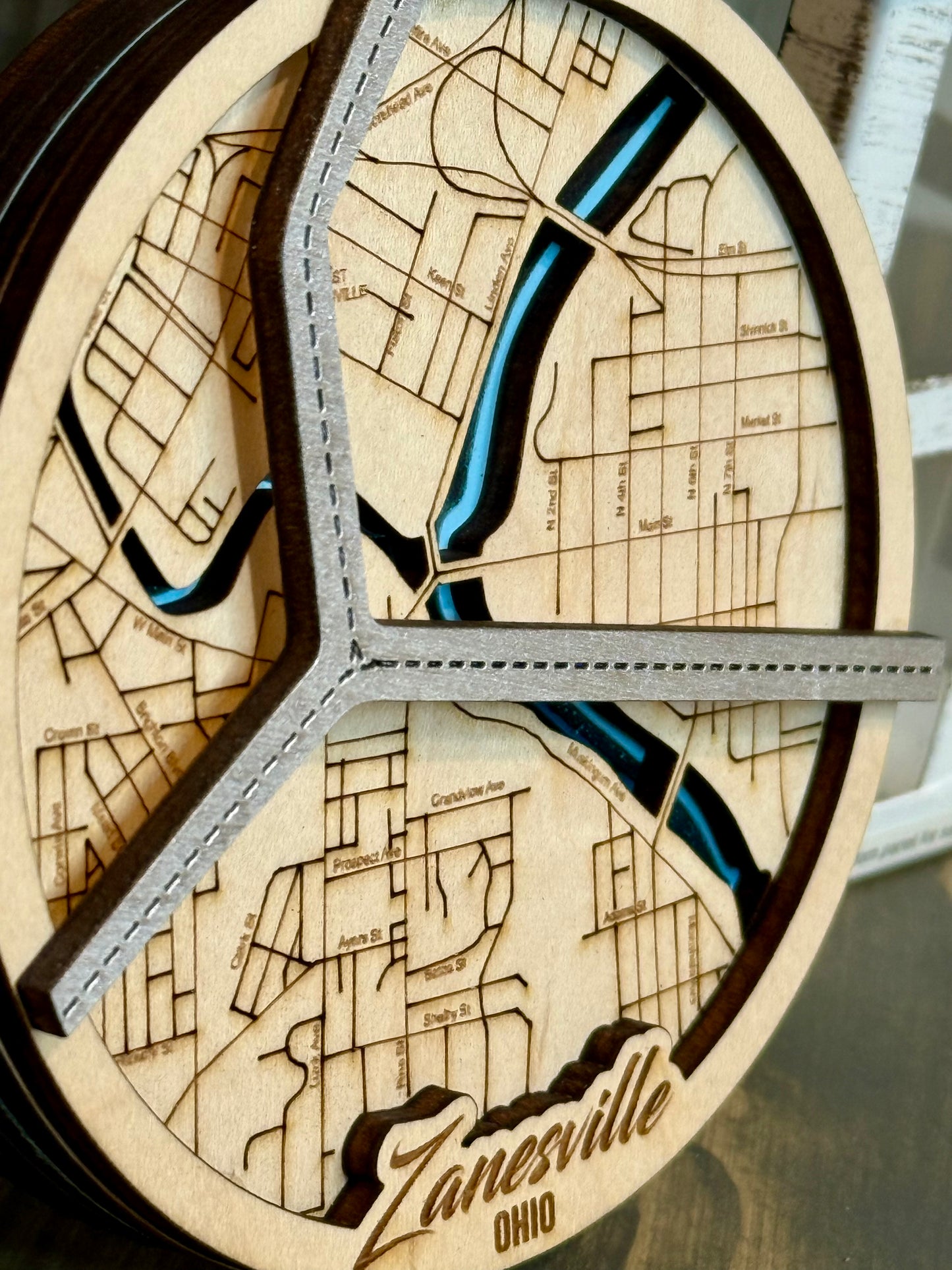 Zanesville, OH Layered Map Ornament | Handmade Zanesville Map | Layered Wood Art | Y Bridge Decor | Wood Map Gift