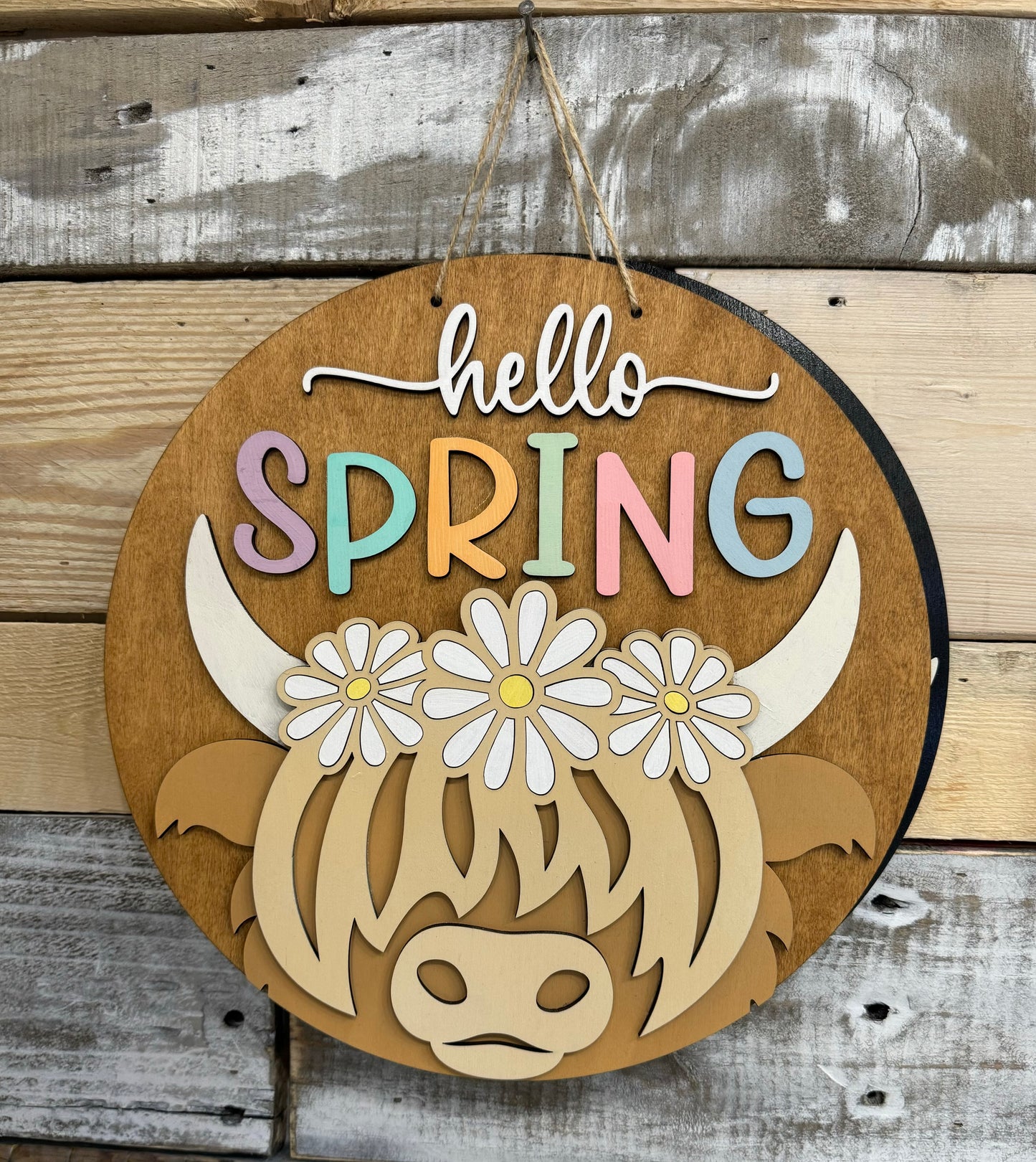 Hello Spring Highland Cow Sign