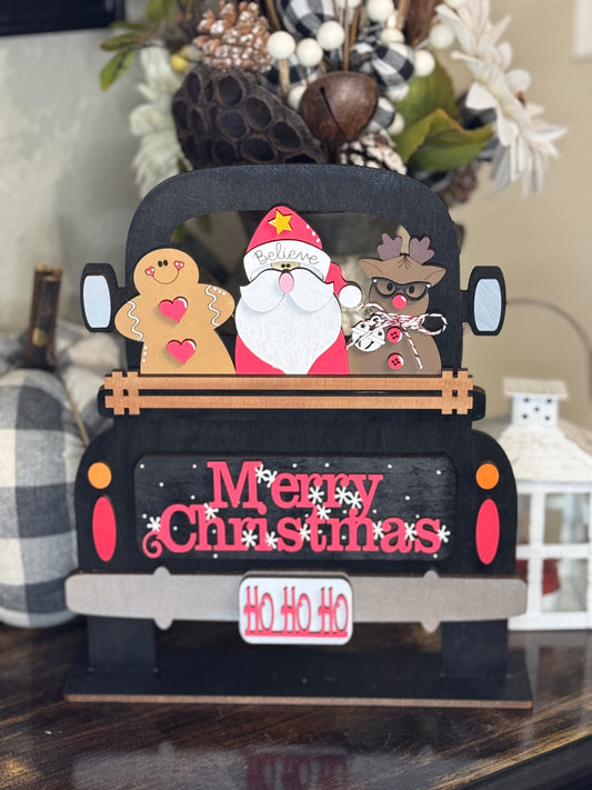 Decorative Christmas scene Santa Claus, gingerbread men, and a reindeer, with 'Merry Christmas' text interchangeable wood insert for our Farmhouse Truck Shelf Sitter or Hanging Sign