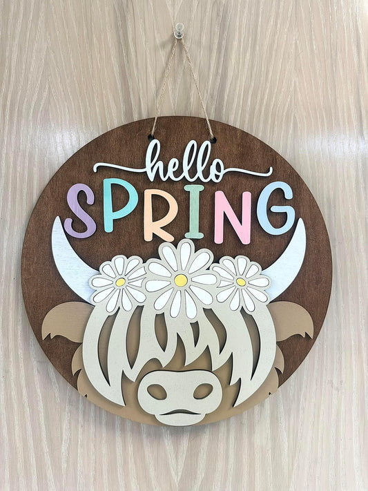 Hello Spring Highland Cow Sign