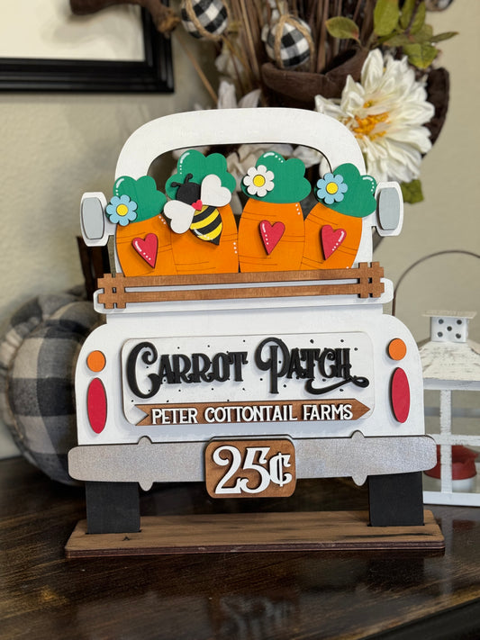Decorative insert for the Farmhouse Truck Sign or Shelf Sitter with 'Carrot Patch' and 'Peter Cottontail Farms' text, featuring carrots, flowers & a bee.