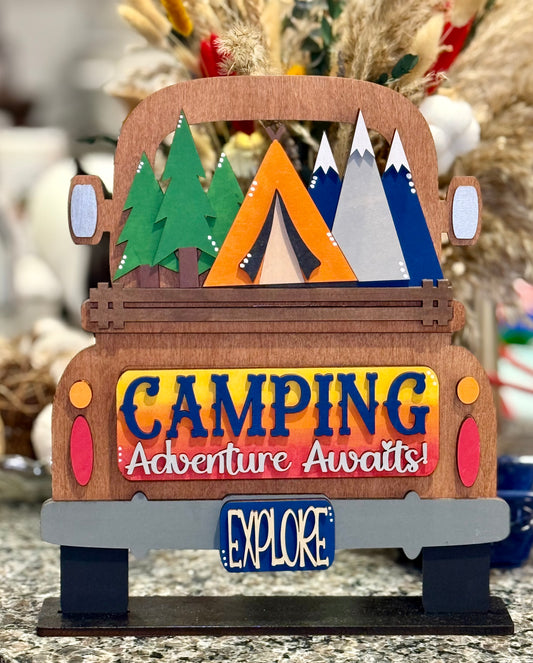 Ancient City Designs camping-themed interchangeable truck insert for seasonal home decor, featuring outdoor adventure graphics and hand-finished wood details for our Farmhouse Truck Shelf Sitter or Hanging Sign. 