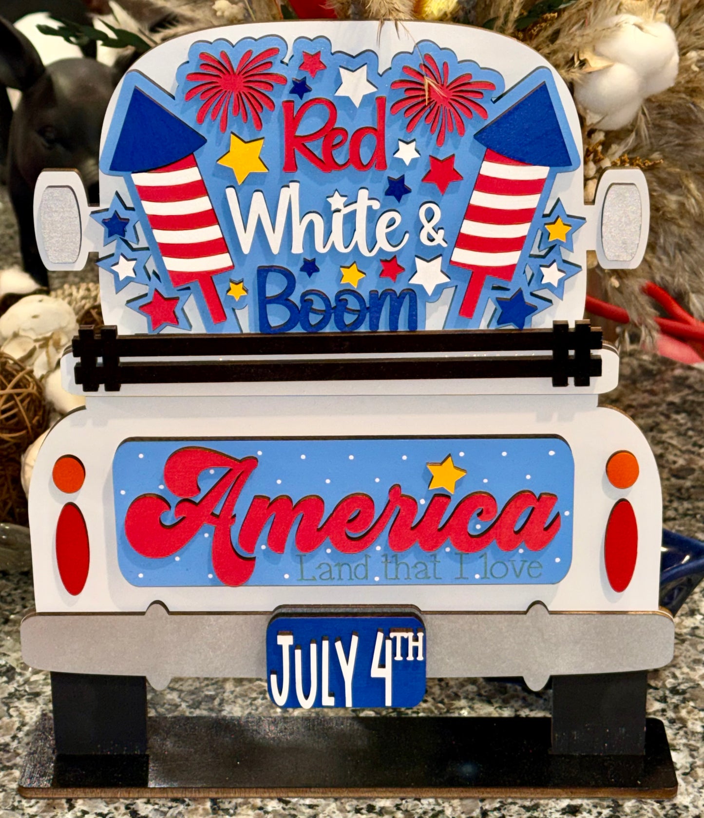 Decorative July 4th theme featuring 'Red White & Boom' and 'America Land that I Love' interchangeable insert for our Farmhouse Truck Shelf Sitter or Hanging Sign. 
