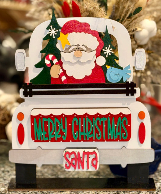 Decorative Christmas interchangeable wood insert with Santa Claus and festive elements, including Merry Christmas text for our Farmhouse Truck Signs & Shelf Sitters. 