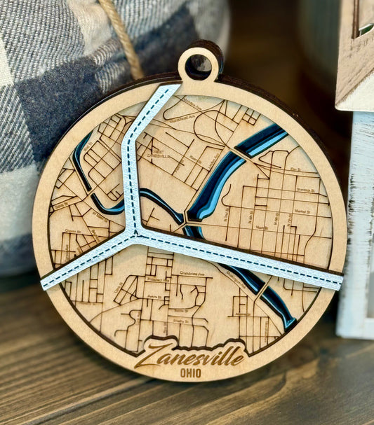 Zanesville, OH Layered Map Ornament | Handmade Zanesville Map | Layered Wood Art | Y Bridge Decor | Wood Map Gift