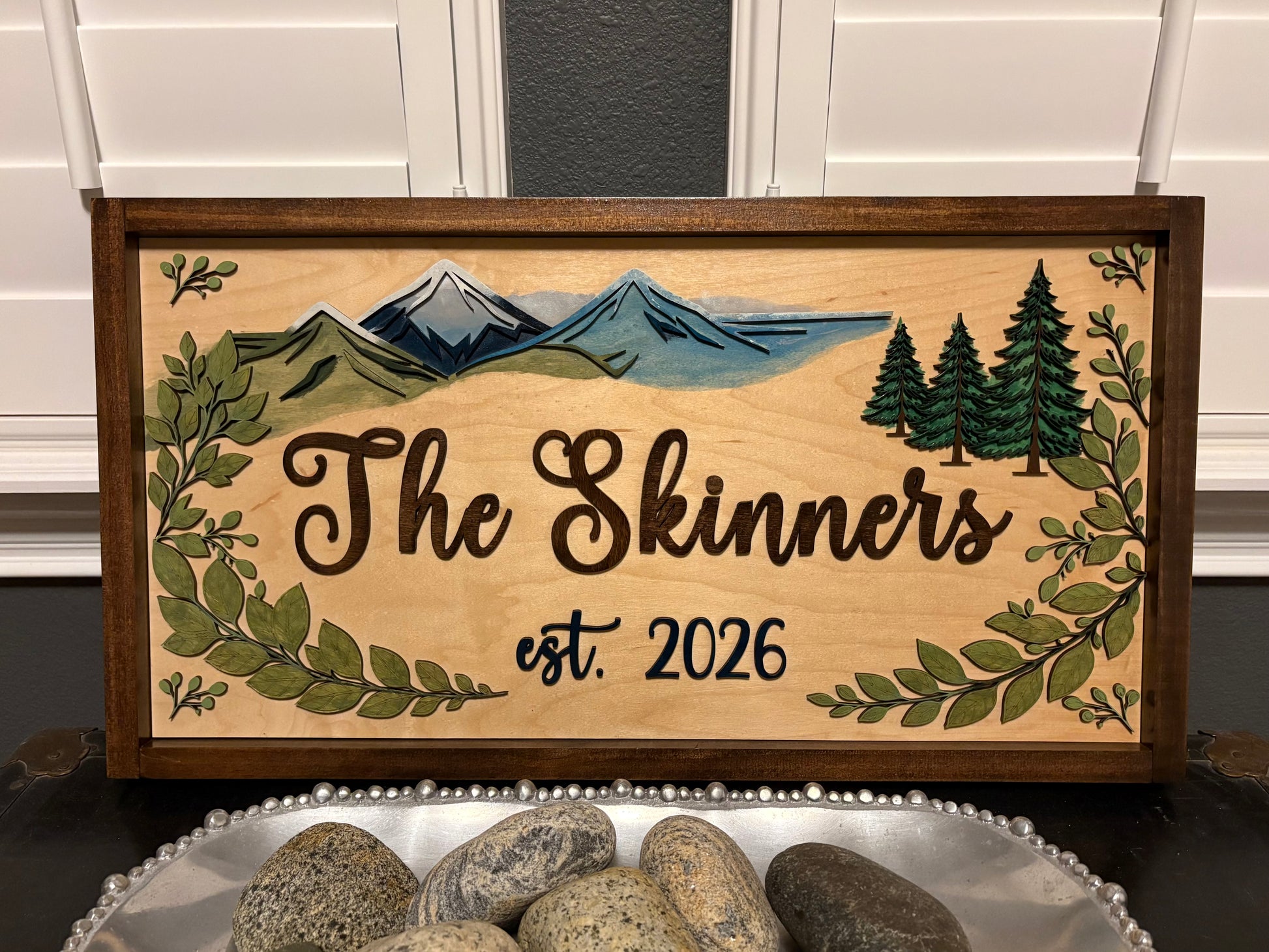 Custom 3D mountain wood family name sign handcrafted in St. Augustine FL by Ancient City Designs