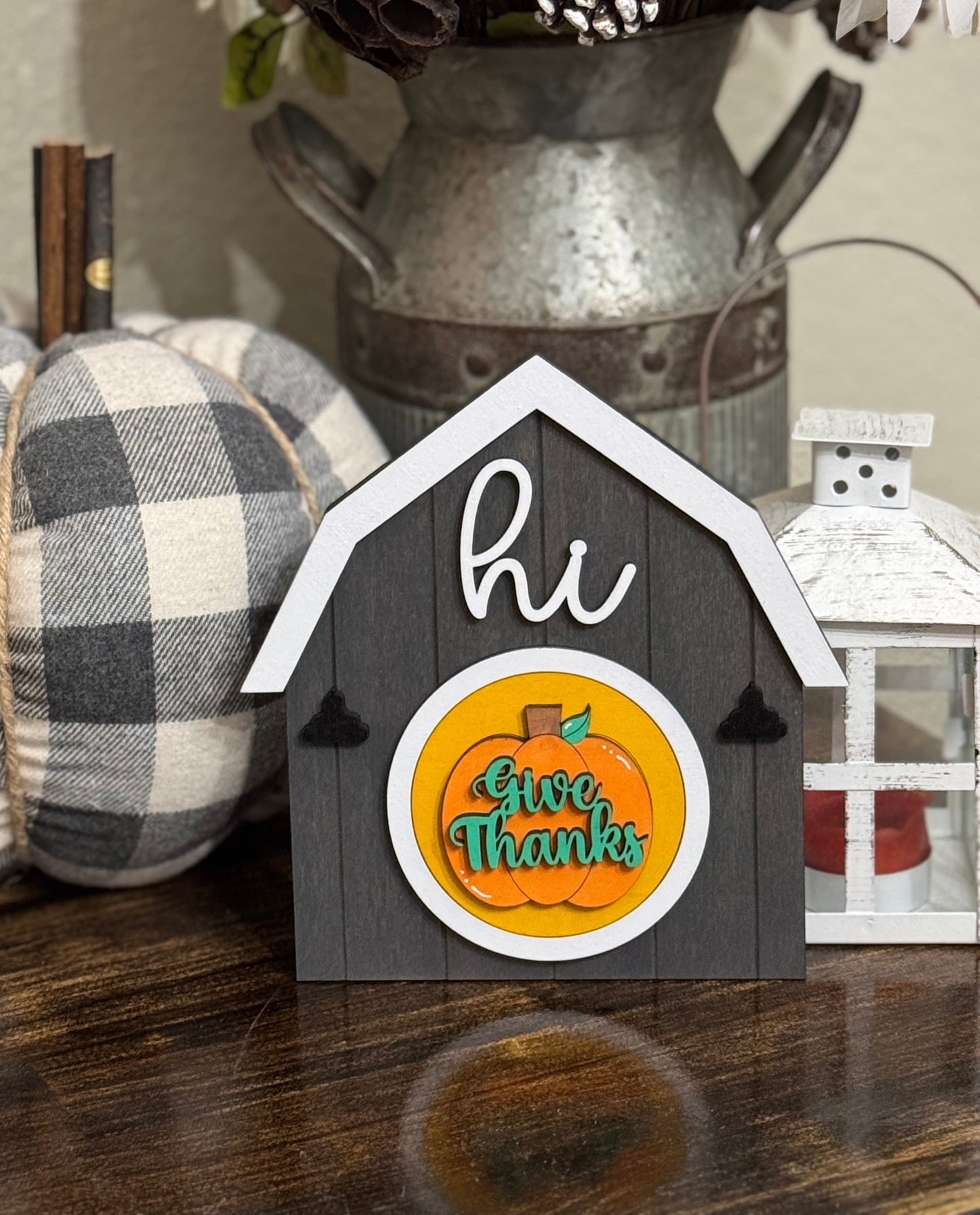 Handmade & Hand Painted Wood Barn Shaped Shelf Sitter with Interchangeable 3” Rounds. 