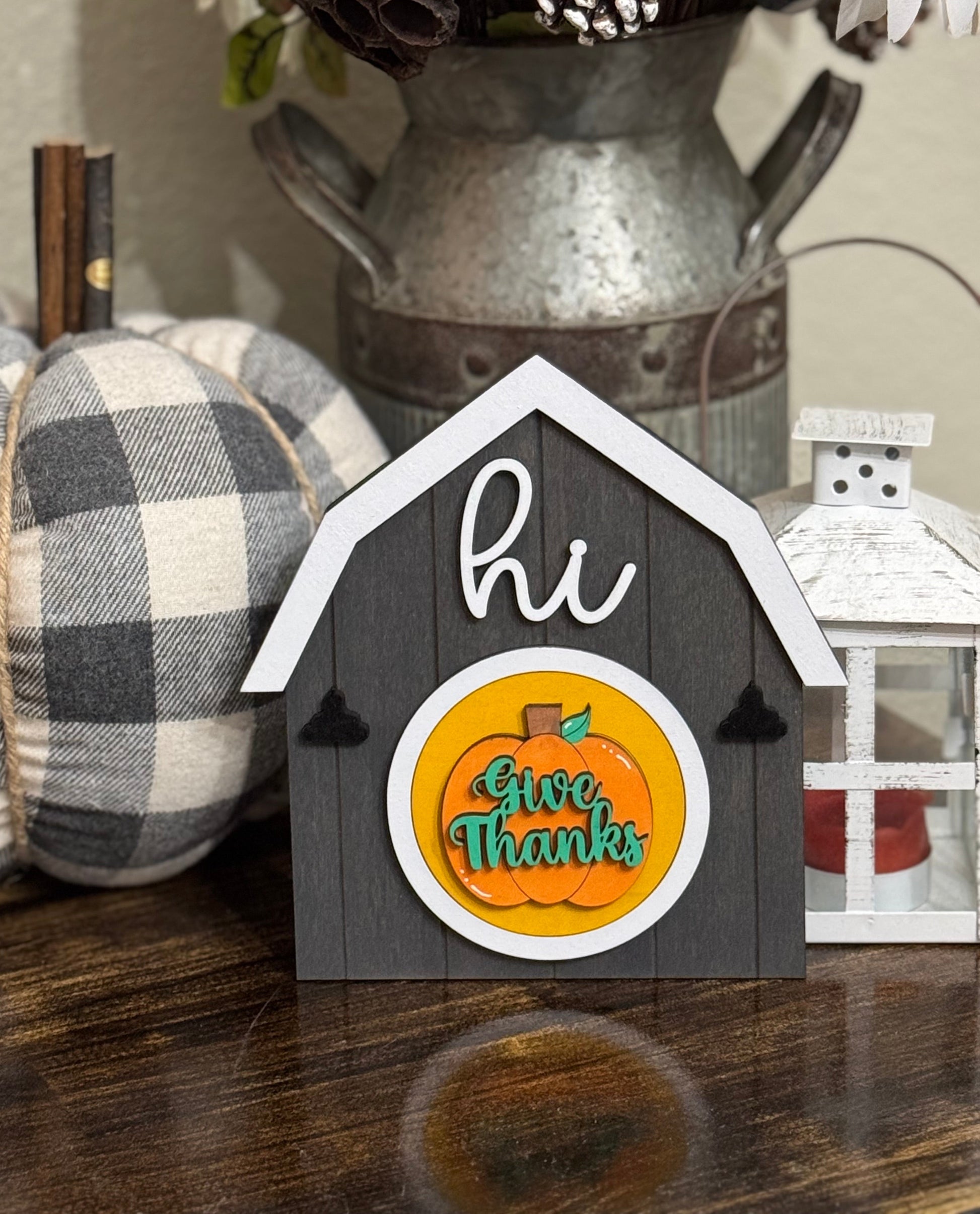 Handmade & Hand Painted Wood Barn Shaped Shelf Sitter with Interchangeable 3” Rounds. 