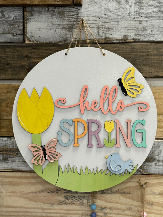 Hello Spring Tulip Butterfly Sign