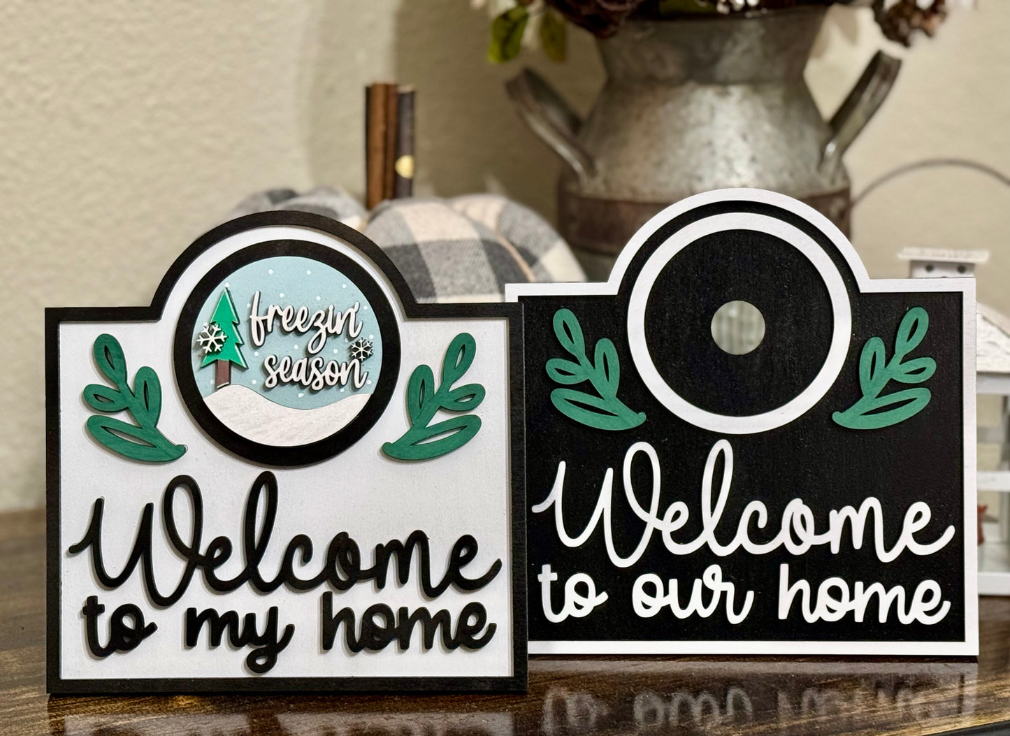 Two handmade wood signs with 'Welcome to my home' and 'Welcome to our home' hand painted to the colors of your choosing with 3” interchangeable rounds. 
