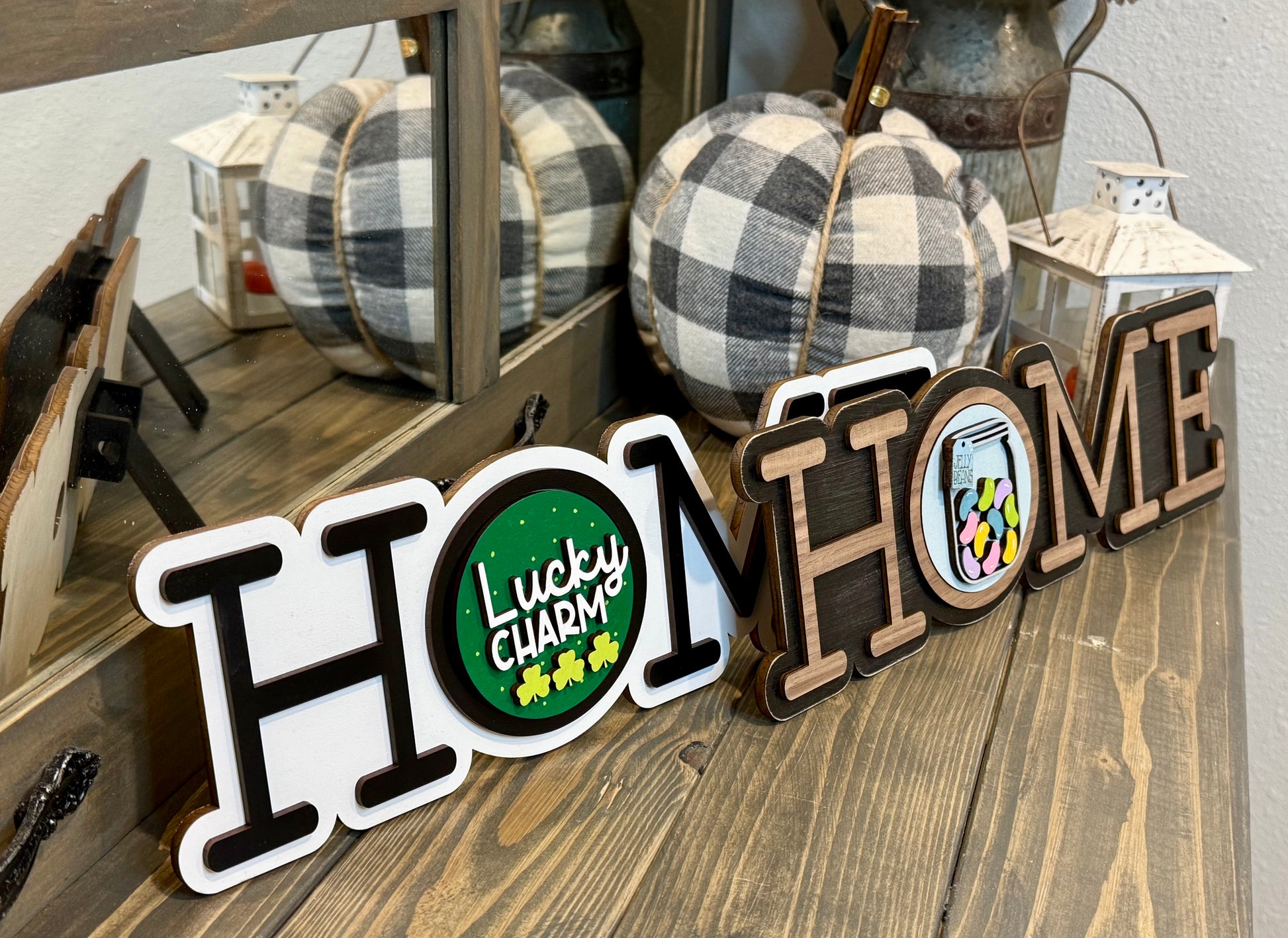 Interchangeable Wooden HOME Sign Shelf Sitter | Seasonal 3" Round Holiday Decor