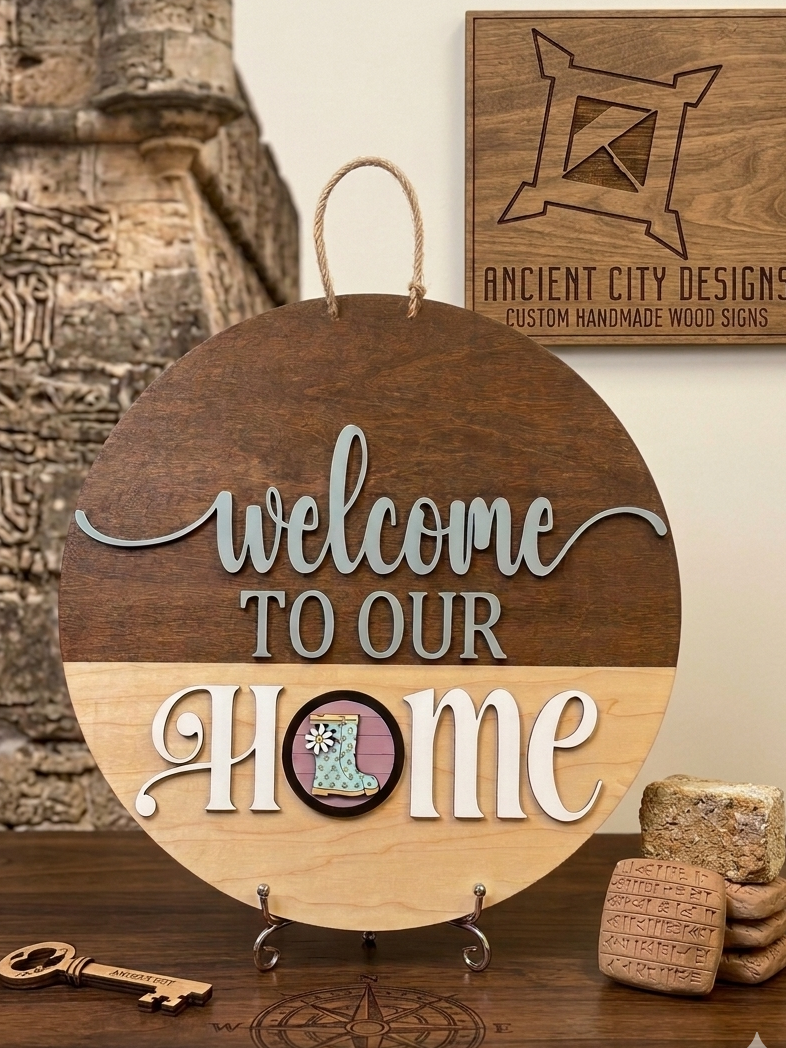 Wooden sign with 'welcome to our home' and an interchangeable round for the center of the O in Home.